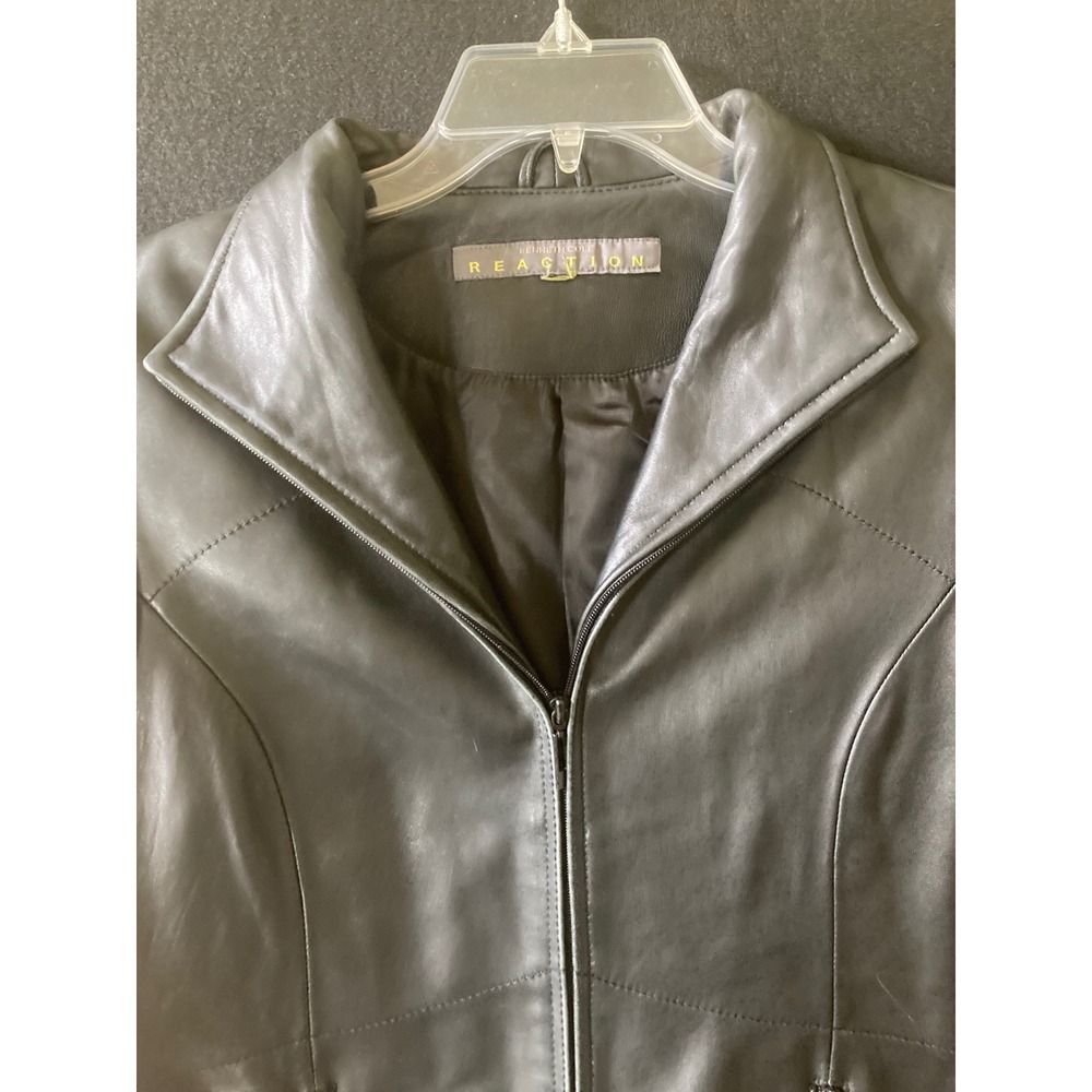 Kenneth Cole Reaction Womens Black Genuine Leather Zip Up Jacket 17YF9007 Read